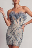 Sparkly Dusty Blue Beaded Strapless Tight Short Cocktail Dress with Ruffles