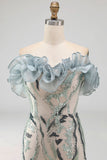 Sparkly Dusty Blue Beaded Strapless Tight Short Cocktail Dress with Ruffles