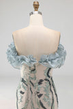 Sparkly Dusty Blue Beaded Strapless Tight Short Cocktail Dress with Ruffles