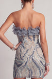 Sparkly Dusty Blue Beaded Strapless Tight Short Cocktail Dress with Ruffles