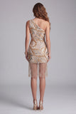 Sparkly Champagne Tight Short One Shoulder Beaded Cocktail Dress with Fringes