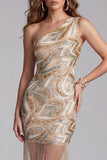 Sparkly Champagne Tight Short One Shoulder Beaded Cocktail Dress with Fringes