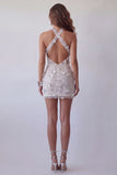 Sparkly Silver Halter Floral Beaded Tight Short Open Back Cocktail Dress