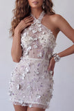 Sparkly Silver Halter Floral Beaded Tight Short Open Back Cocktail Dress