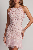 Tight Short Sparkly Blush Ruffled Beaded Halter Cocktail Dress with Fringes