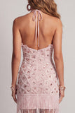 Tight Short Sparkly Blush Ruffled Beaded Halter Cocktail Dress with Fringes
