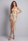Sparkly Apricot Floral Beaded Short Cocktail Dress with Fringes