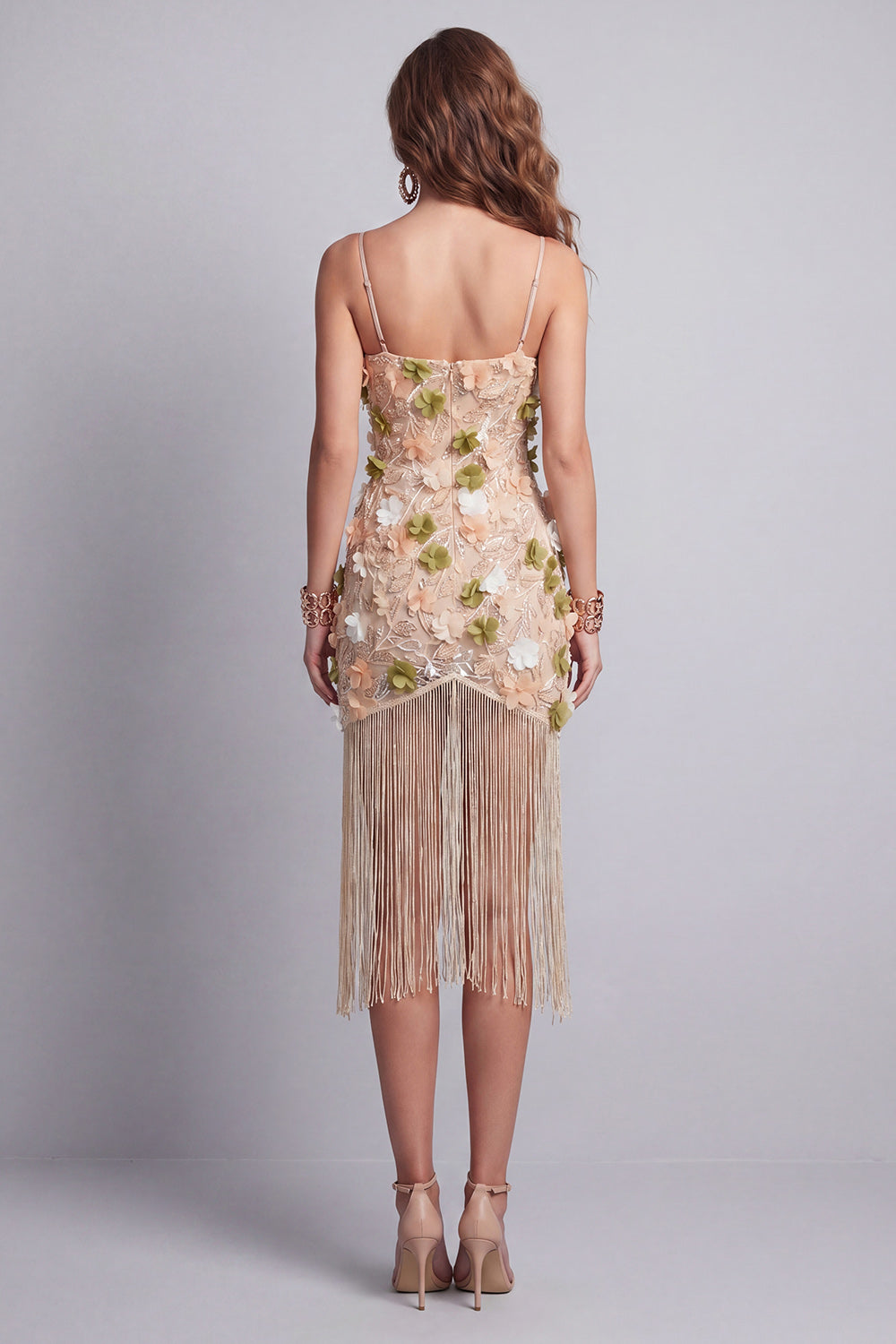 Sparkly Apricot Floral Beaded Short Cocktail Dress with Fringes