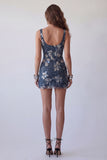 Sparkly Navy Beaded Thick Straps Floral Tight Short Cocktail Dress