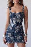 Sparkly Navy Beaded Thick Straps Floral Tight Short Cocktail Dress