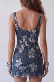 Sparkly Navy Beaded Thick Straps Floral Tight Short Cocktail Dress