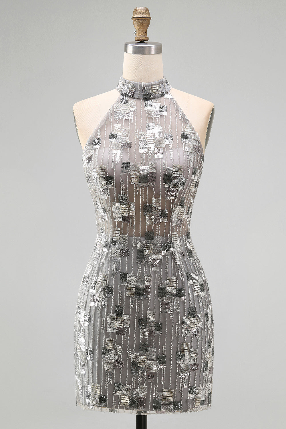 Open Back High Neck Sparkly Silver Beaded Tight Short Cocktail Dress