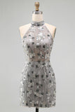 Open Back High Neck Sparkly Silver Beaded Tight Short Cocktail Dress