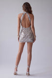 Open Back High Neck Sparkly Silver Beaded Tight Short Cocktail Dress