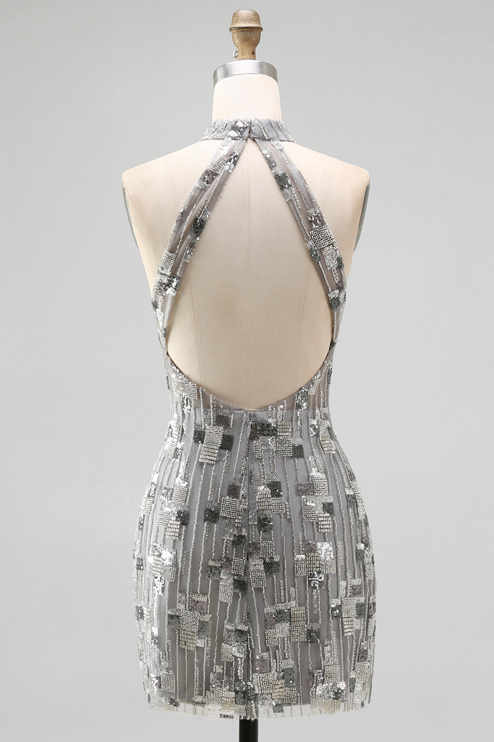 Open Back High Neck Sparkly Silver Beaded Tight Short Cocktail Dress