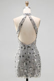 Open Back High Neck Sparkly Silver Beaded Tight Short Cocktail Dress