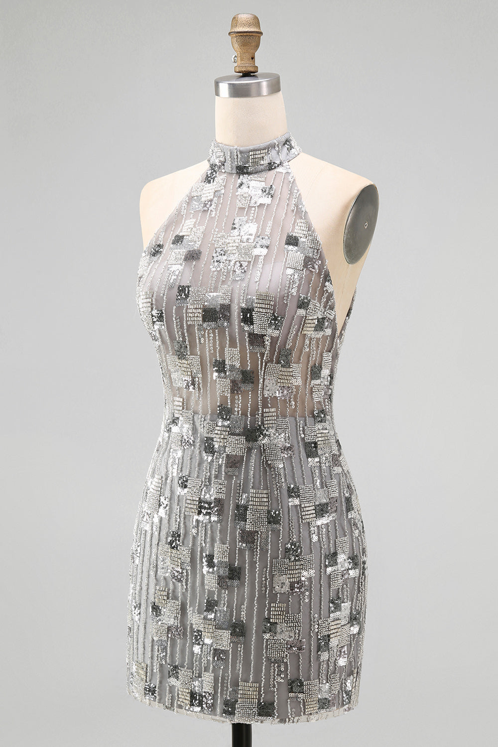 Open Back High Neck Sparkly Silver Beaded Tight Short Cocktail Dress