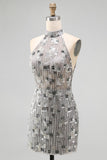 Open Back High Neck Sparkly Silver Beaded Tight Short Cocktail Dress