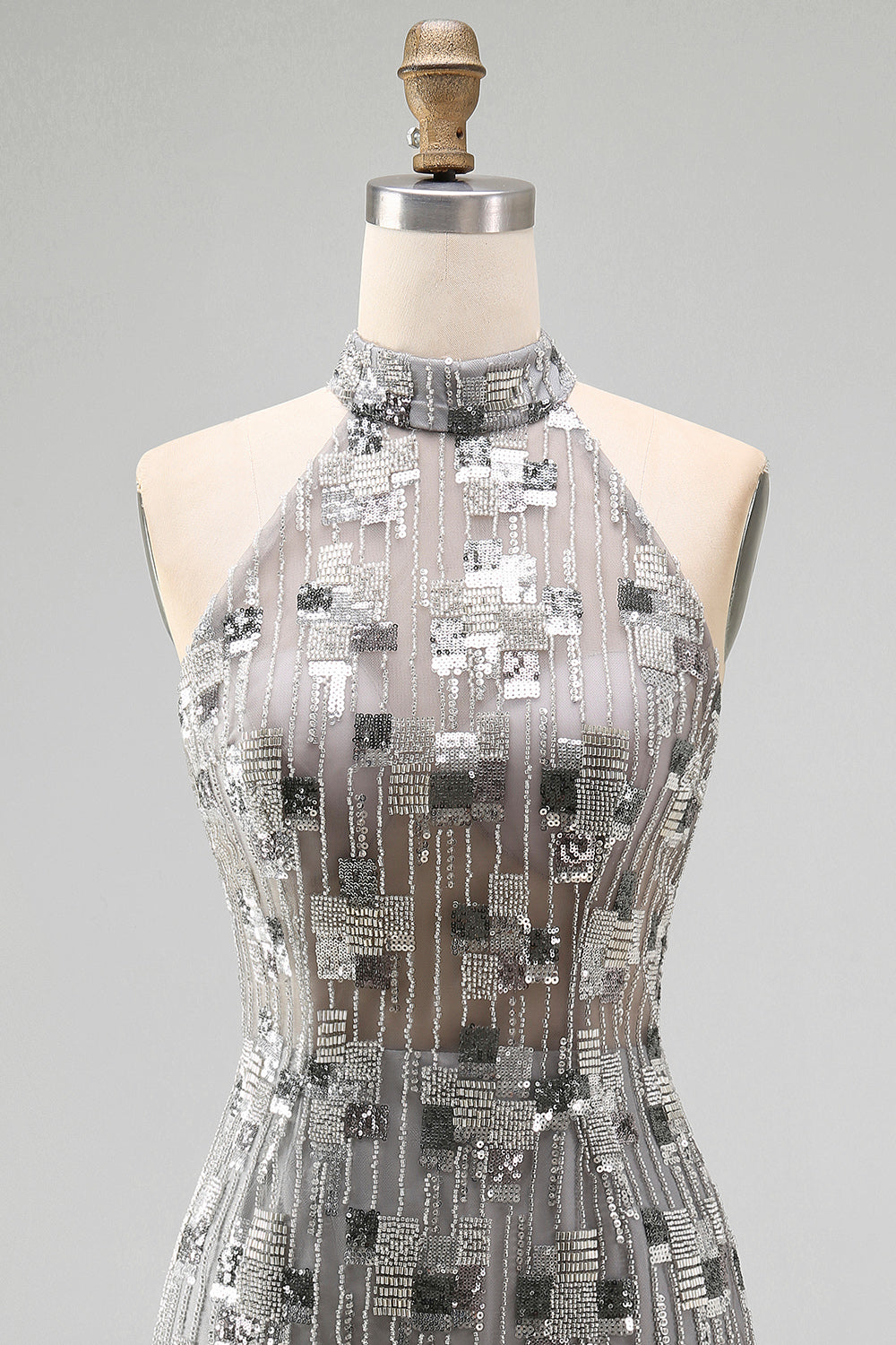 Open Back High Neck Sparkly Silver Beaded Tight Short Cocktail Dress