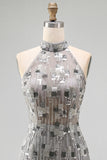 Open Back High Neck Sparkly Silver Beaded Tight Short Cocktail Dress
