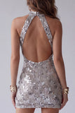 Open Back High Neck Sparkly Silver Beaded Tight Short Cocktail Dress