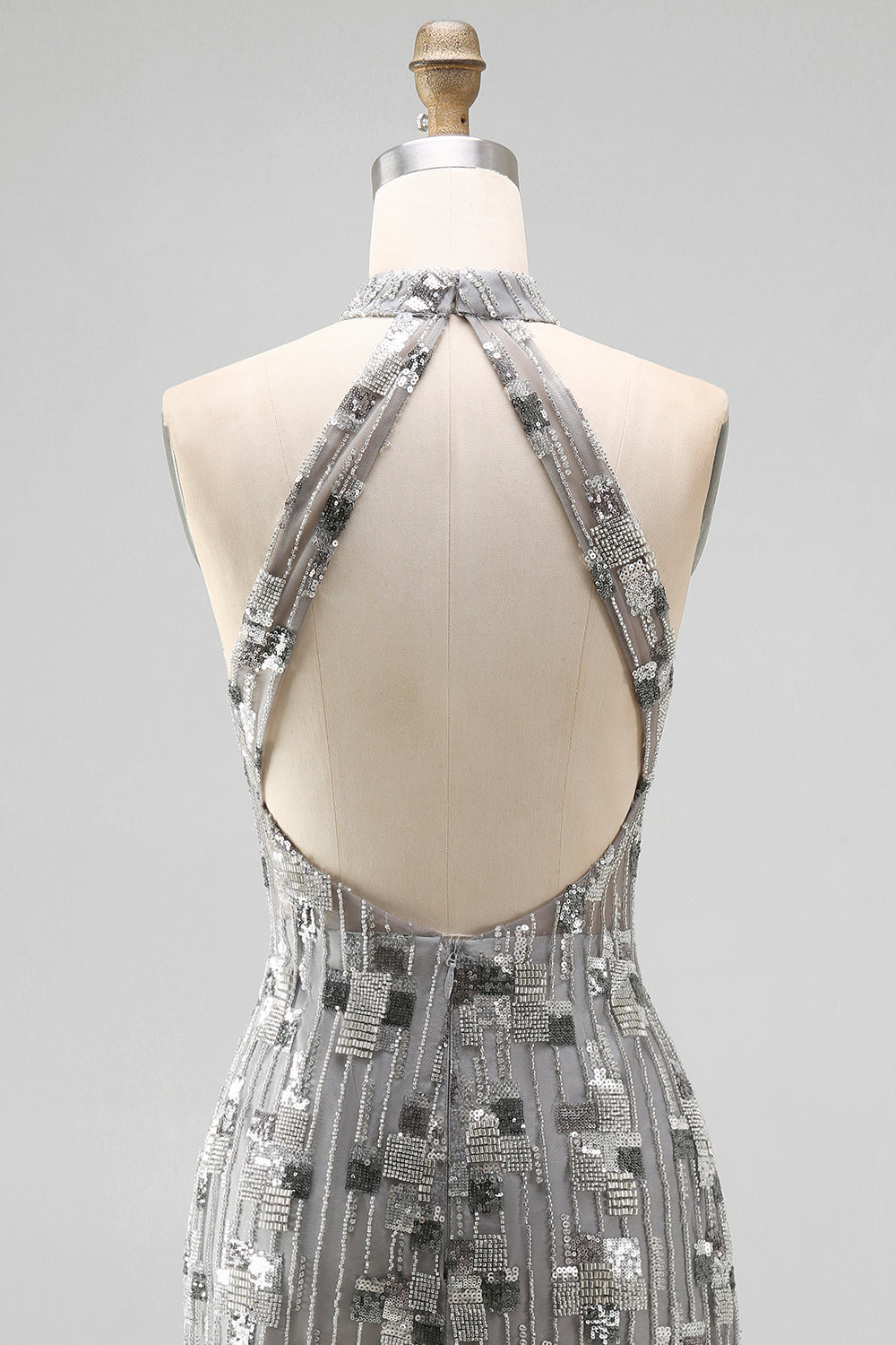 Open Back High Neck Sparkly Silver Beaded Tight Short Cocktail Dress