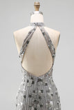 Open Back High Neck Sparkly Silver Beaded Tight Short Cocktail Dress