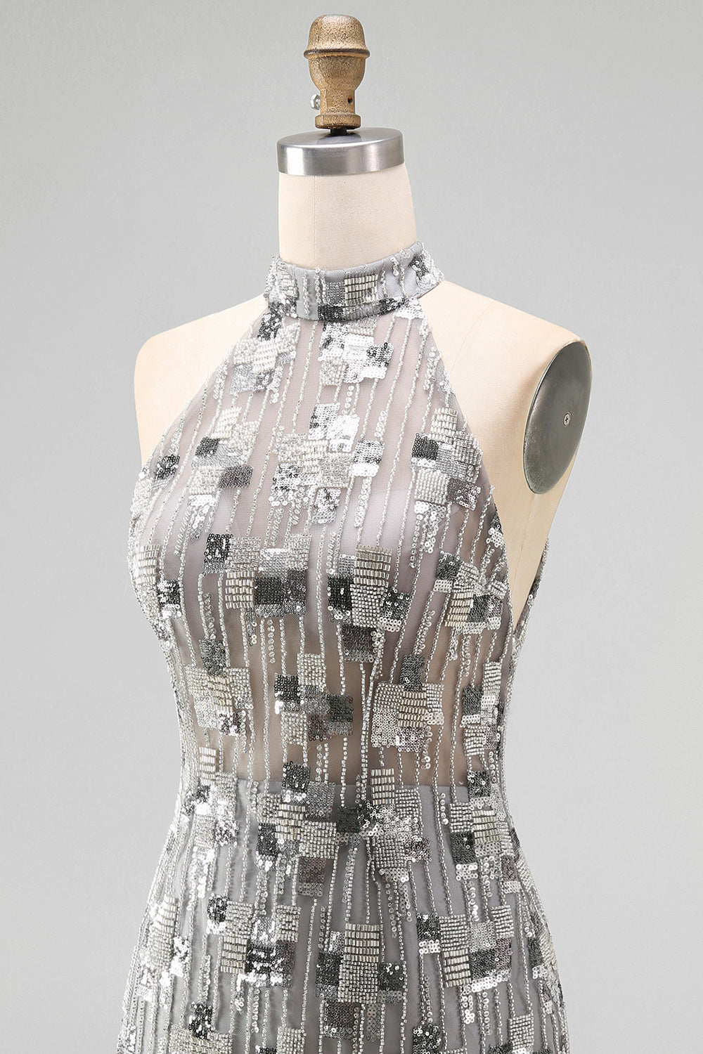 Open Back High Neck Sparkly Silver Beaded Tight Short Cocktail Dress