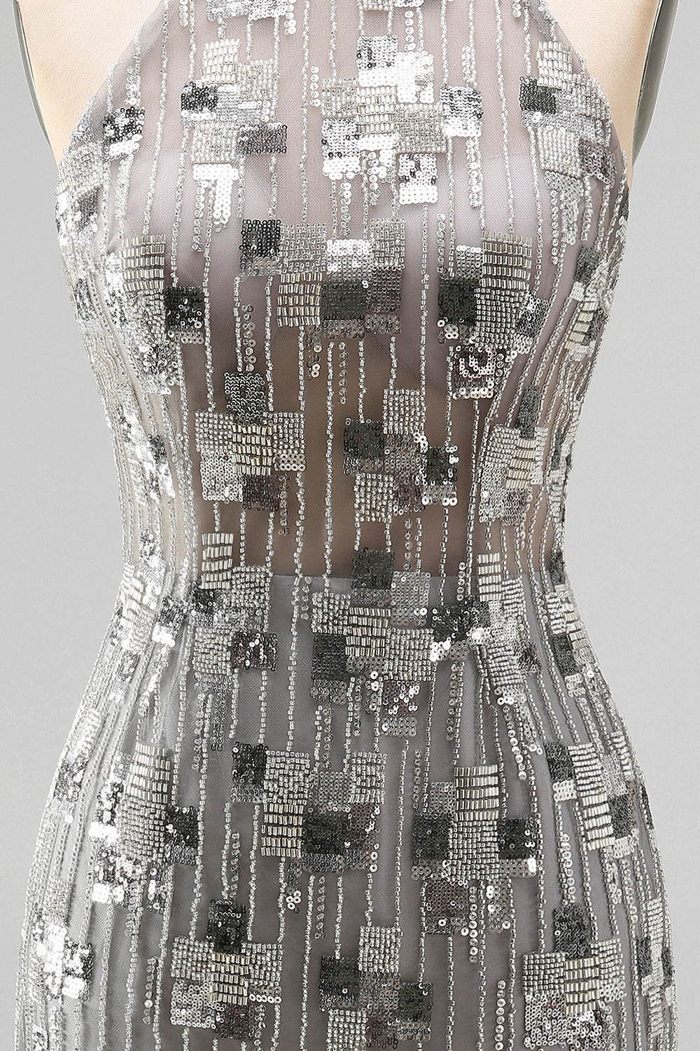Open Back High Neck Sparkly Silver Beaded Tight Short Cocktail Dress