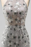 Open Back High Neck Sparkly Silver Beaded Tight Short Cocktail Dress
