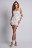 Sparkly White Beaded Thick Straps Floral Tight Short Cocktail Dress