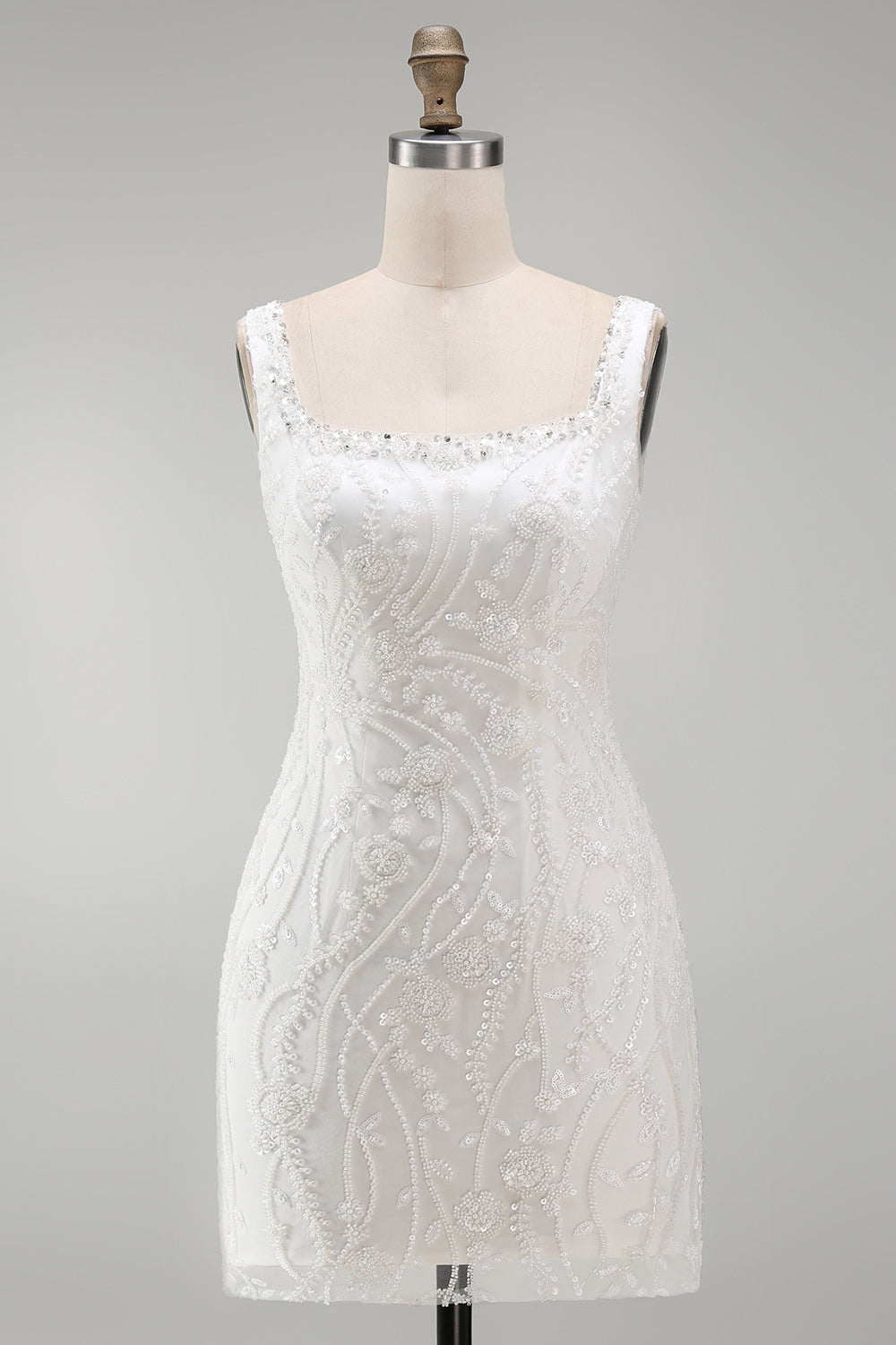 Sparkly White Beaded Thick Straps Floral Tight Short Cocktail Dress