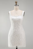 Sparkly White Beaded Thick Straps Floral Tight Short Cocktail Dress