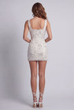 Sparkly White Beaded Thick Straps Floral Tight Short Cocktail Dress