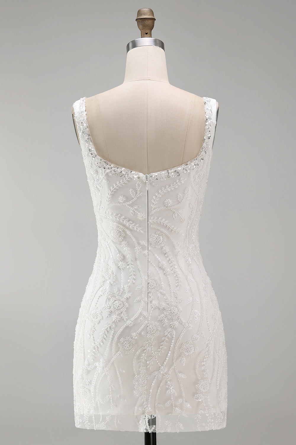 Sparkly White Beaded Thick Straps Floral Tight Short Cocktail Dress