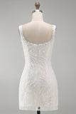 Sparkly White Beaded Thick Straps Floral Tight Short Cocktail Dress