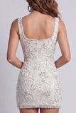Sparkly White Beaded Thick Straps Floral Tight Short Cocktail Dress