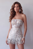 Sparkly Dusty Sage Strapless Tight Short Beaded Cocktail Dress with Ruffles