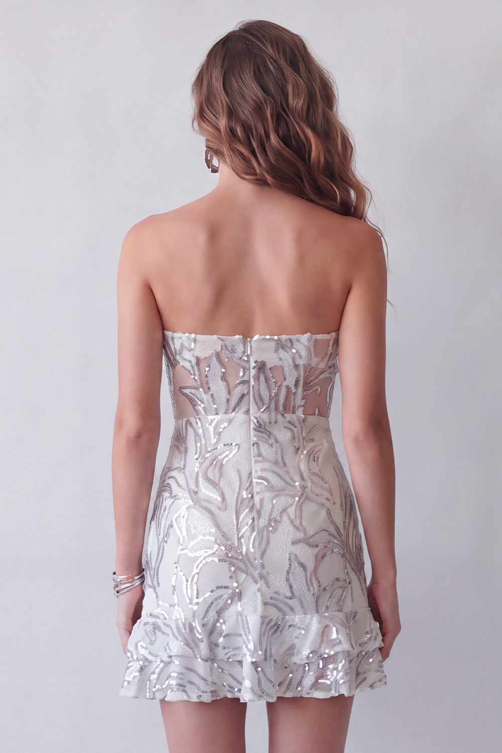 Sparkly Dusty Sage Strapless Tight Short Beaded Cocktail Dress with Ruffles