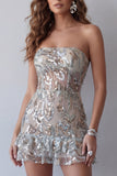 Sparkly Dusty Sage Strapless Tight Short Beaded Cocktail Dress with Ruffles