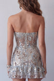 Sparkly Dusty Sage Strapless Tight Short Beaded Cocktail Dress with Ruffles