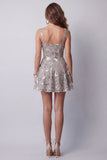 Sparkly Grey A Line Square Neck Floral Beaded Short Cocktail Dress