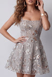 Sparkly Grey A Line Square Neck Floral Beaded Short Cocktail Dress