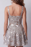 Sparkly Grey A Line Square Neck Floral Beaded Short Cocktail Dress
