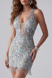 Sparkly Grey Blue Beaded Halter Backless Tight Short Cocktail Dress with Fringes