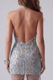 Sparkly Grey Blue Beaded Halter Backless Tight Short Cocktail Dress with Fringes