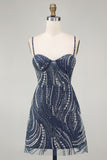 Beaded Thick Straps Sparkly Navy Short Cocktail Dress