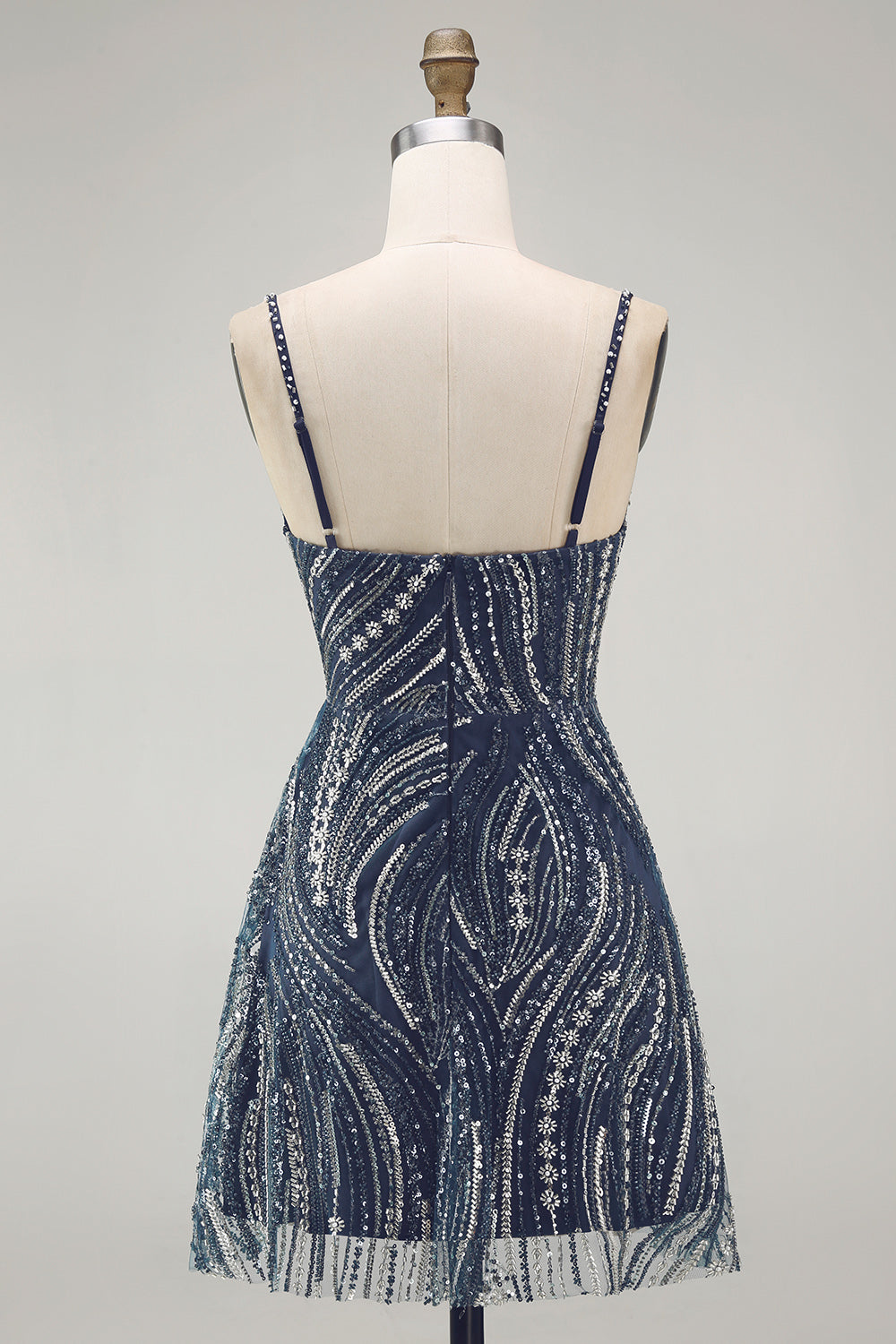 Beaded Thick Straps Sparkly Navy Short Cocktail Dress