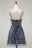 Beaded Thick Straps Sparkly Navy Short Cocktail Dress