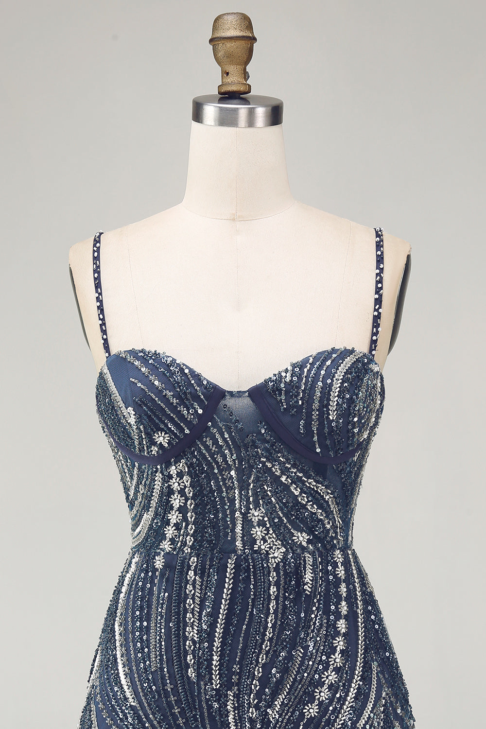 Beaded Thick Straps Sparkly Navy Short Cocktail Dress